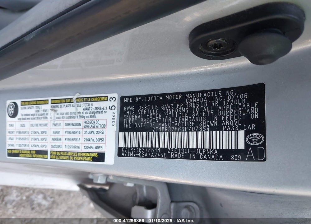 2006 TOYOTA COROLLA VIN: 2T1BR32E66C707854