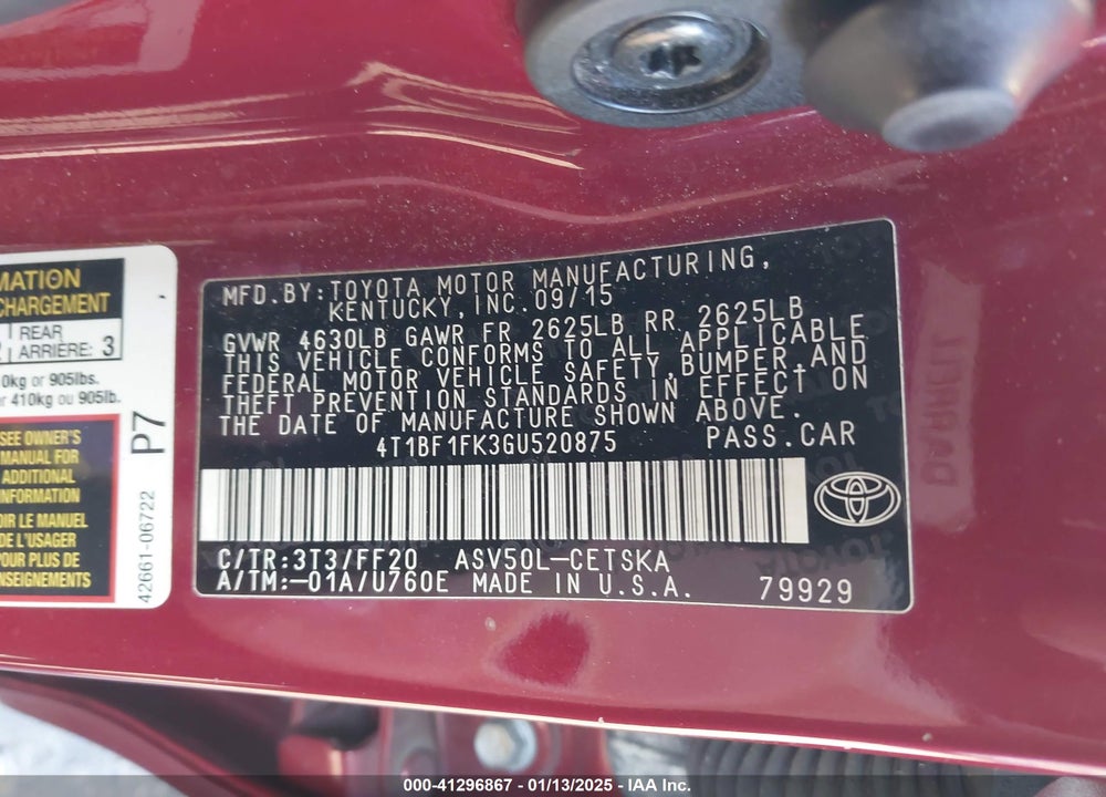 2016 TOYOTA CAMRY VIN: 4T1BF1FK3GU520875