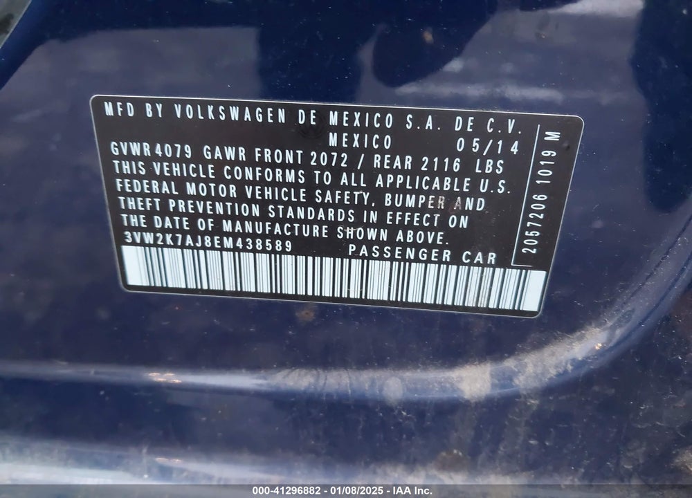 2014 VOLKSWAGEN JETTA VIN: 3VW2K7AJ8EM438589