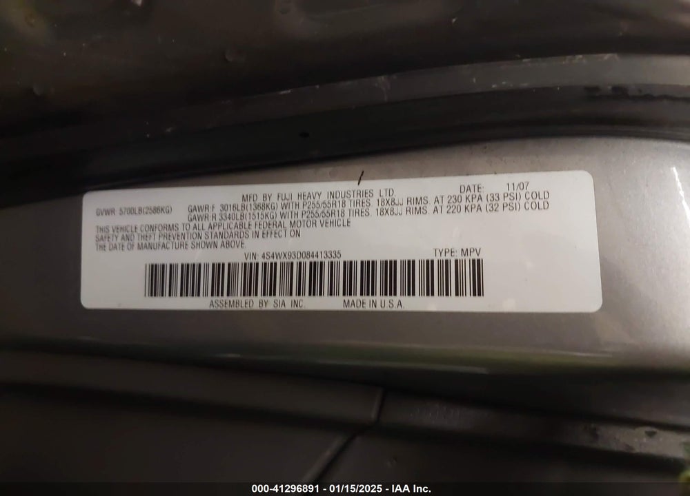 2008 SUBARU TRIBECA LIMITED 5-PASSENGER VIN: 4S4WX93D084413335