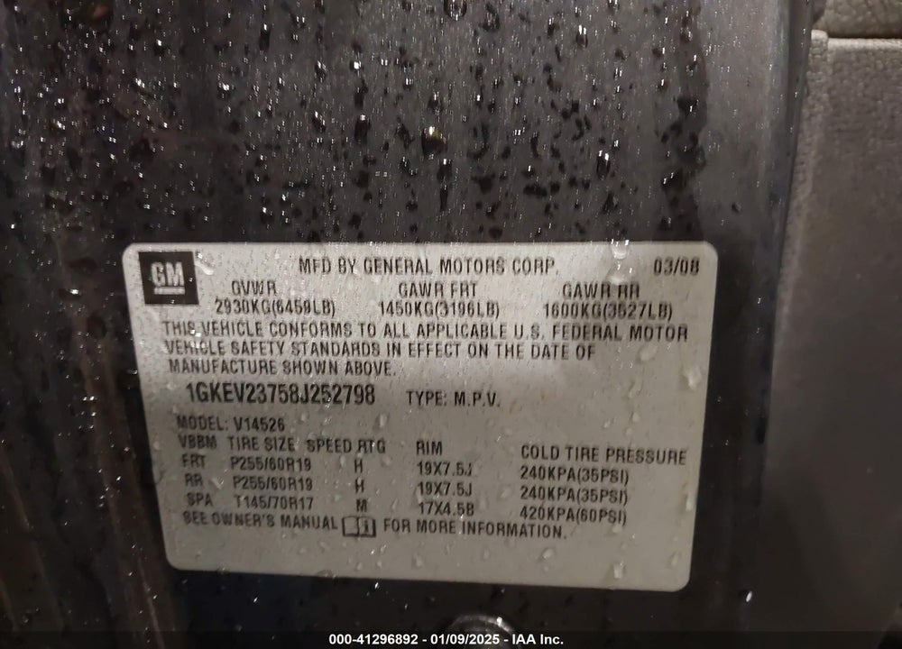 2008 GMC ACADIA SLT-1 VIN: 1GKEV23758J252798