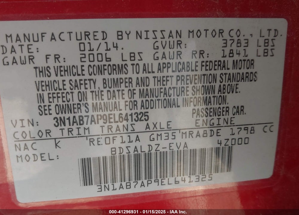 2014 NISSAN SENTRA SV VIN: 3N1AB7AP9EL641325