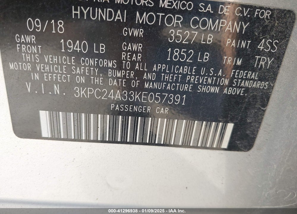 2019 HYUNDAI ACCENT SEL VIN: 3KPC24A33KE057391