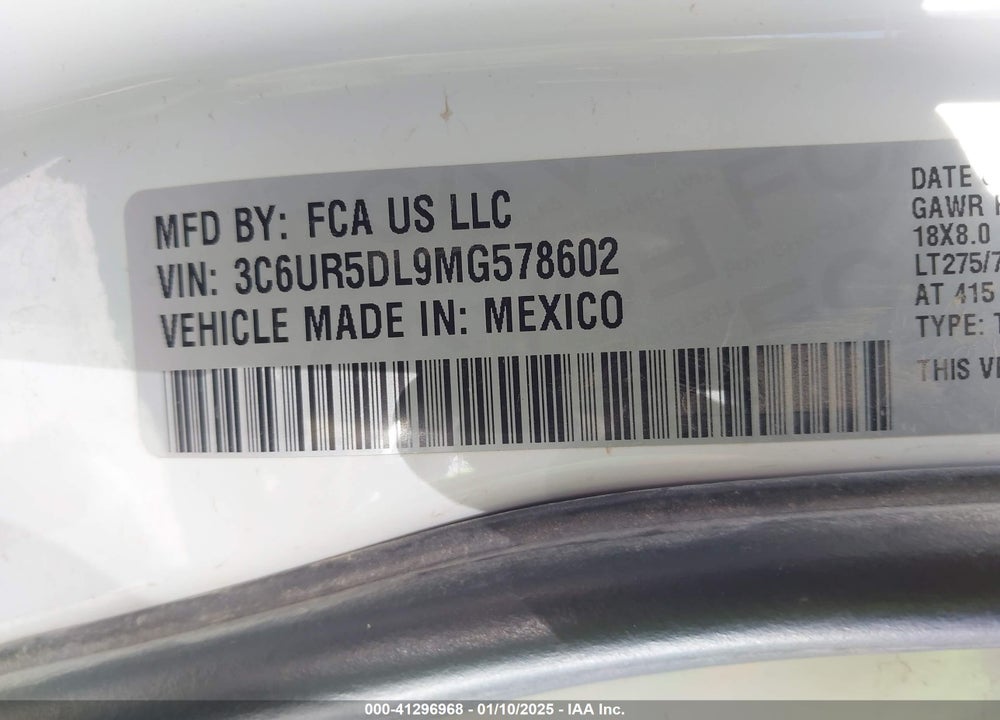2021 RAM 2500 BIG HORN 4X4 6'4 BOX VIN: 3C6UR5DL9MG578602