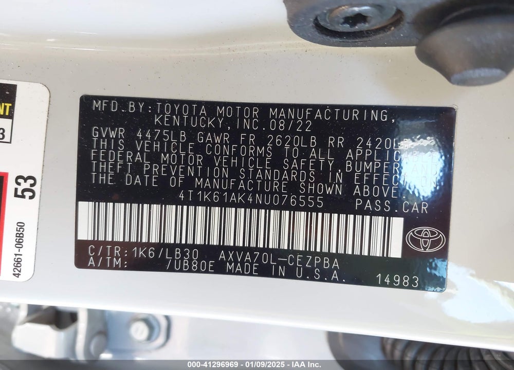 2022 TOYOTA CAMRY VIN: 4T1K61AK4NU076555