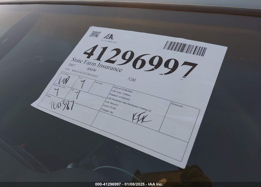 2007 BMW 328I VIN: WBAVA33577PG53437