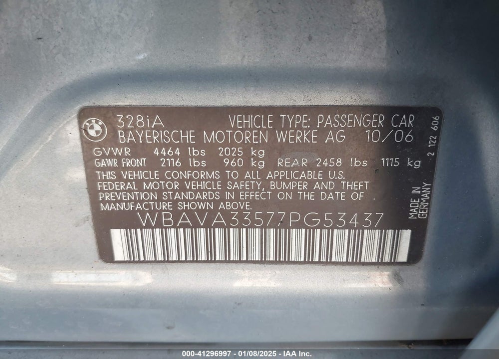2007 BMW 328I VIN: WBAVA33577PG53437