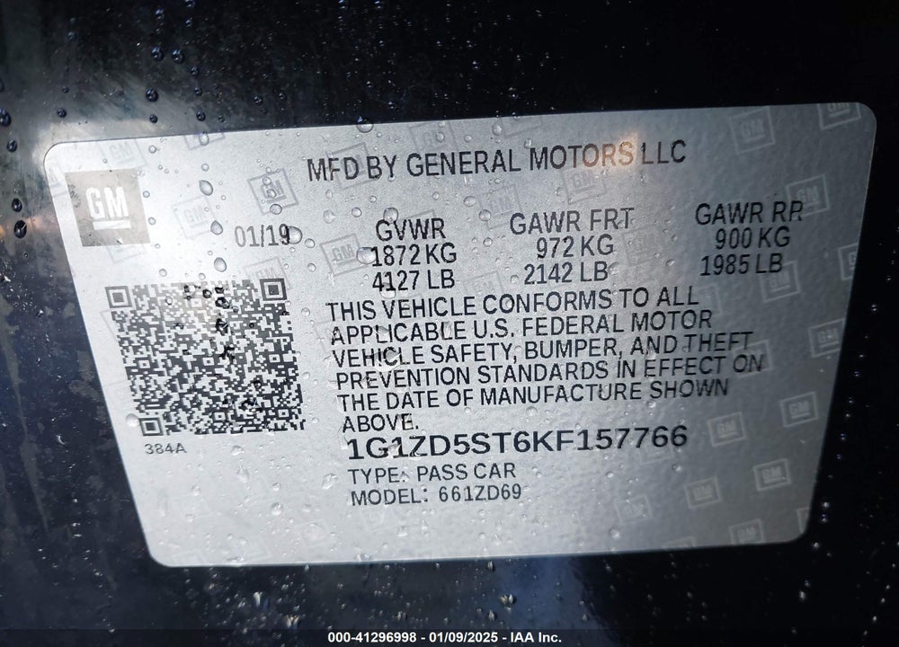 2019 CHEVROLET MALIBU VIN: 1G1ZD5ST6KF157766