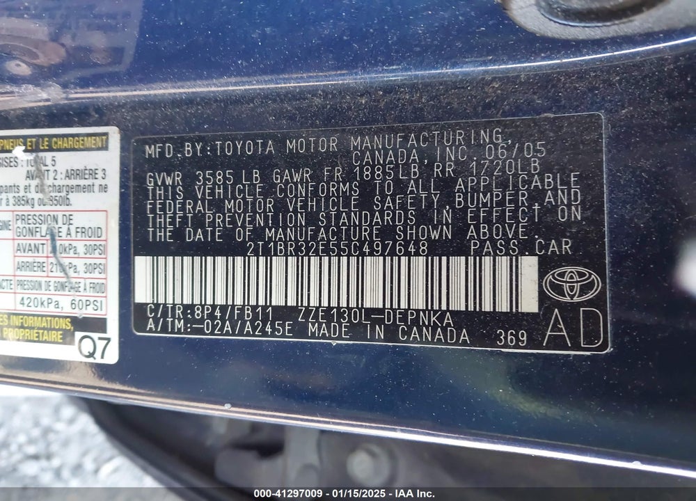 2005 TOYOTA COROLLA LE VIN: 2T1BR32E55C497648