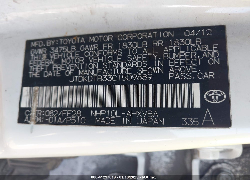 2012 TOYOTA PRIUS C FOUR/ONE/THREE/TWO VIN: JTDKDTB33C1509889