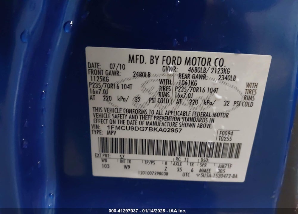 2011 FORD ESCAPE XLT VIN: 1FMCU9DG7BKA02957