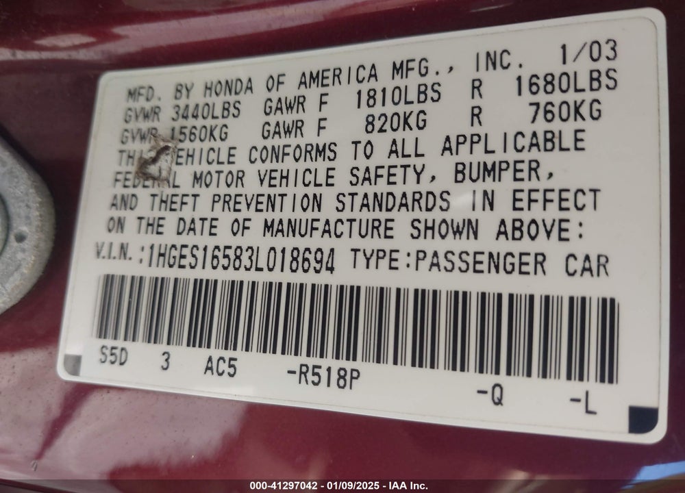 2003 HONDA CIVIC LX VIN: 1HGES16583L018694