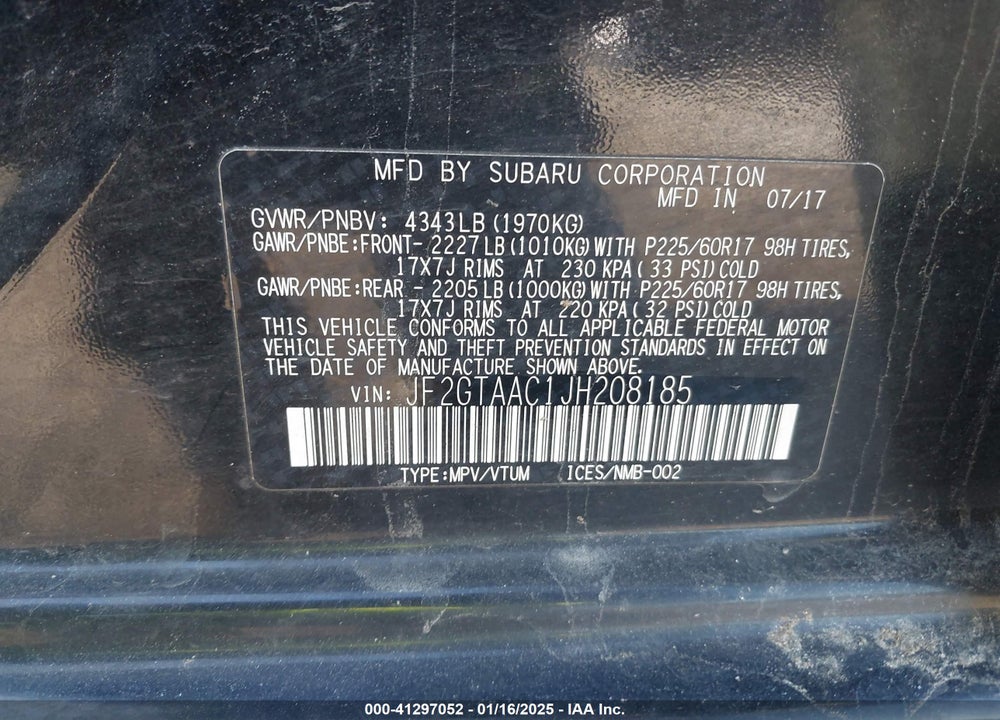 2018 SUBARU CROSSTREK 2.0I VIN: JF2GTAAC1JH208185