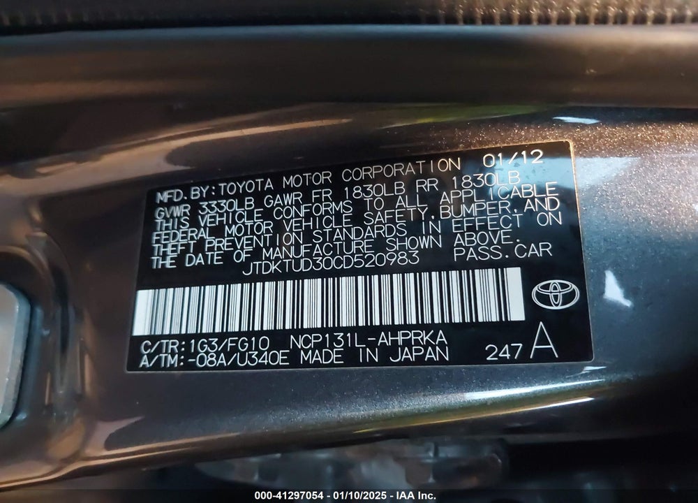 2012 TOYOTA YARIS LE VIN: JTDKTUD30CD520983