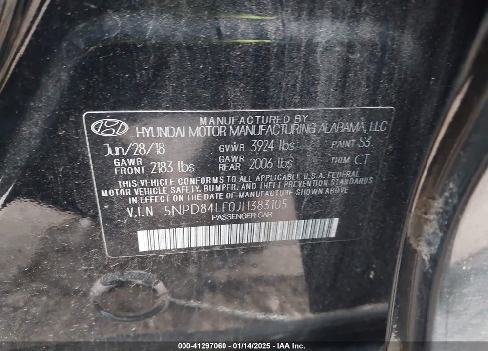 2018 HYUNDAI ELANTRA VIN: 5NPD84LF0JH383105