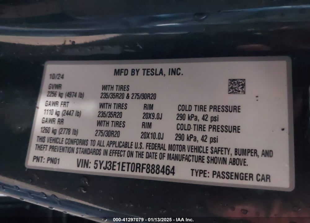 2024 TESLA MODEL 3 PERFORMANCE ALL-WHEEL DRIVE VIN: 5YJ3E1ET0RF888464