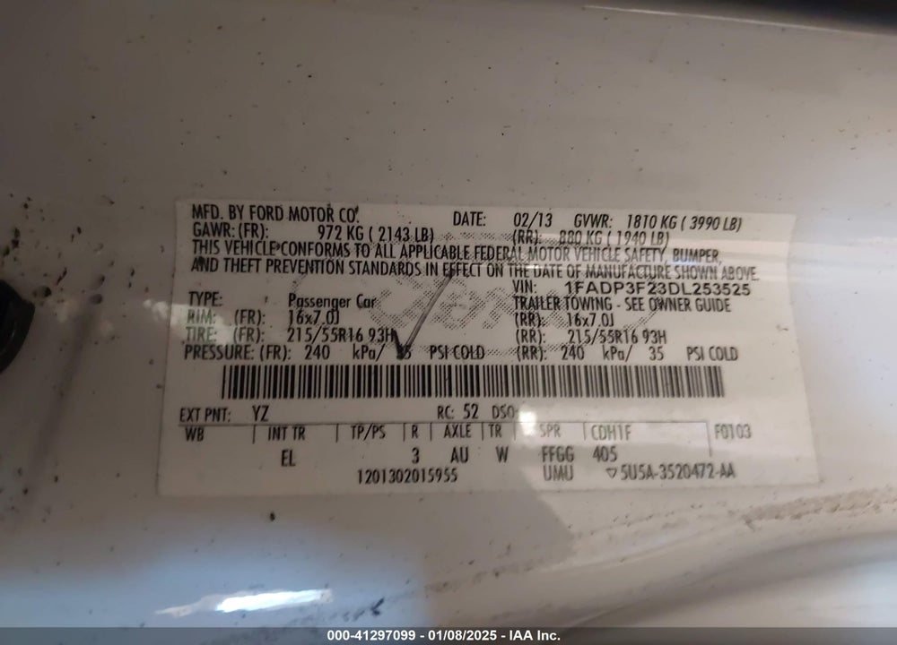 2013 FORD FOCUS VIN: 1FADP3F23DL253525