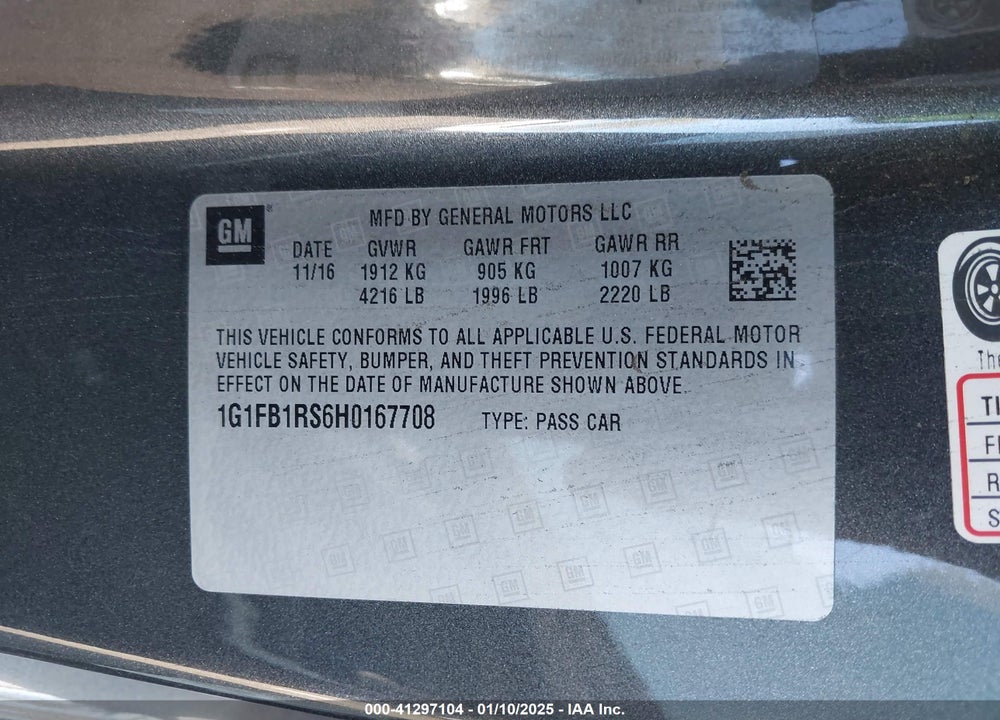 2017 CHEVROLET CAMARO 1LT VIN: 1G1FB1RS6H0167708