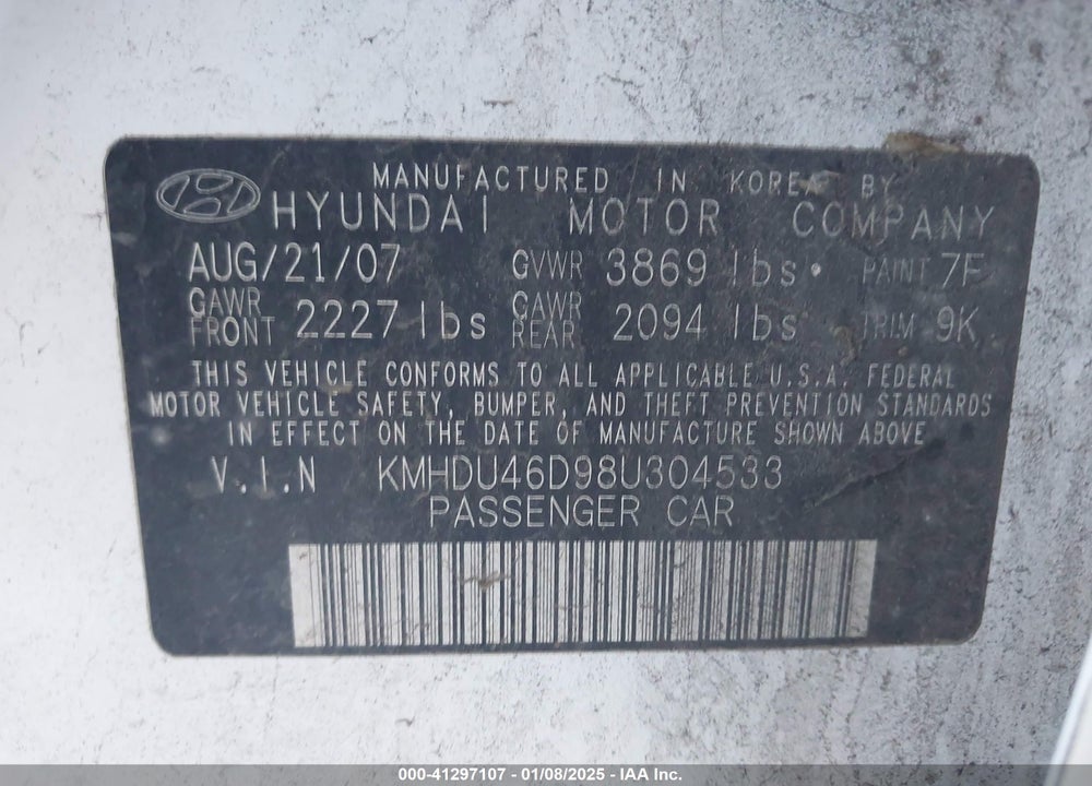 2008 HYUNDAI ELANTRA VIN: KMHDU46D98U304533