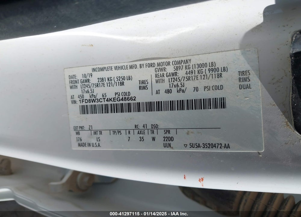 2019 FORD F-350 XL VIN: 1FD8W3CT4KEG48662