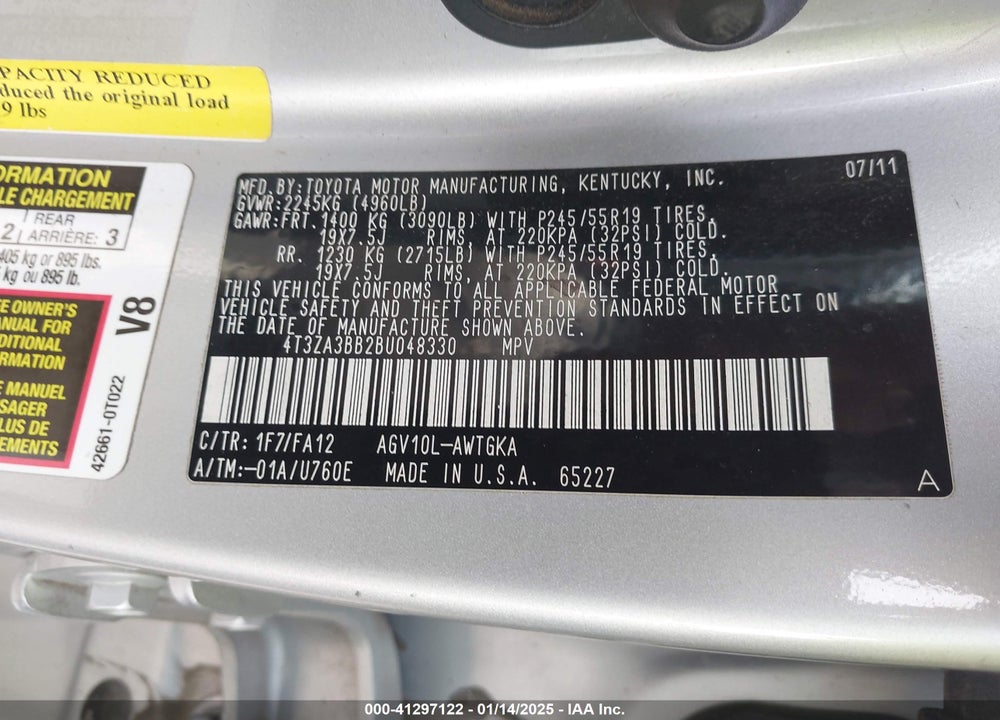 2011 TOYOTA VENZA VIN: 4T3ZA3BB2BU048330