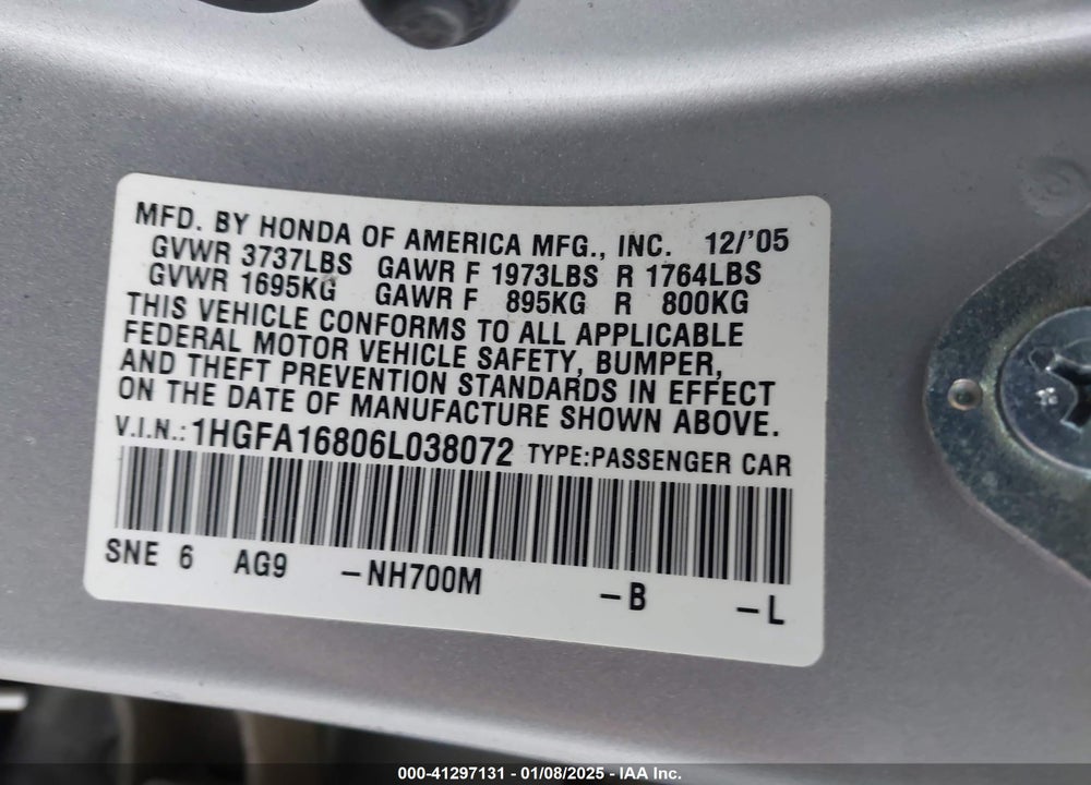 2006 HONDA CIVIC VIN: 1HGFA16806L038072