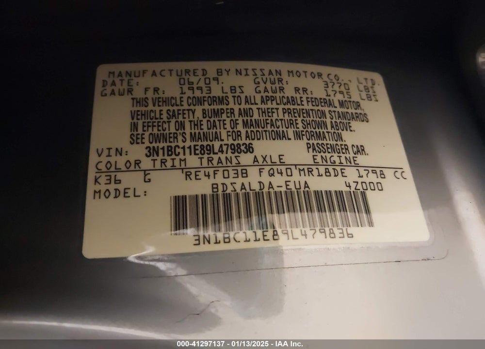 2009 NISSAN VERSA VIN: 3N1BC11E89L479836