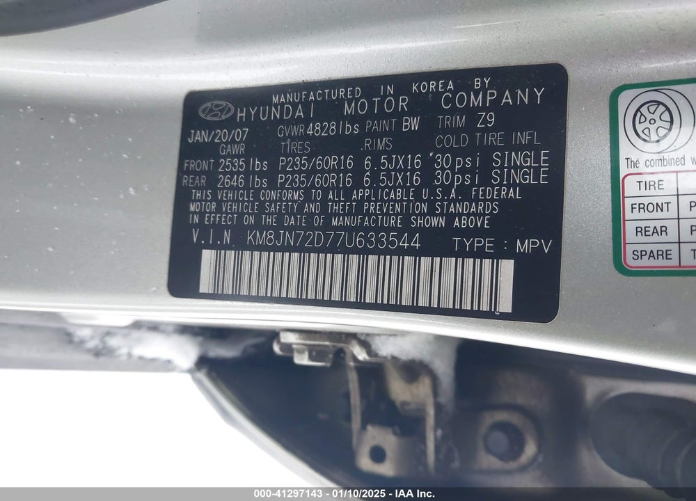 2007 HYUNDAI TUCSON LIMITED/SE VIN: KM8JN72D77U633544