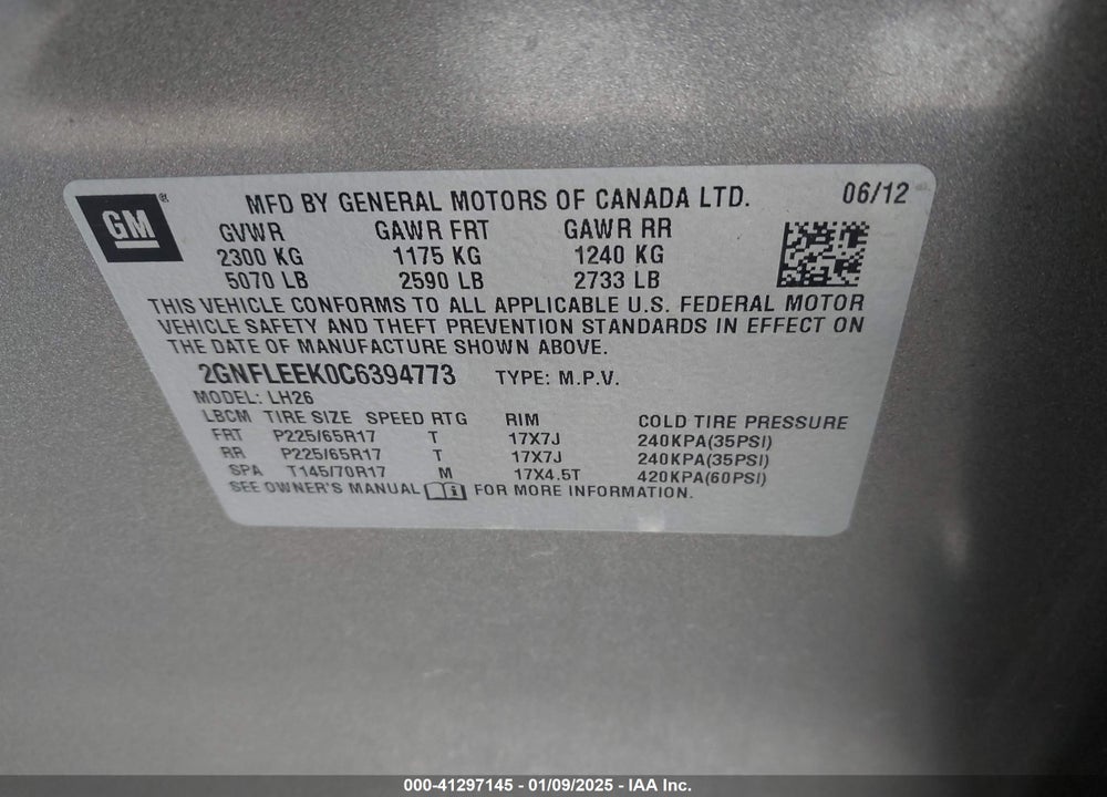 2012 CHEVROLET EQUINOX 1LT VIN: 2GNFLEEK0C6394773