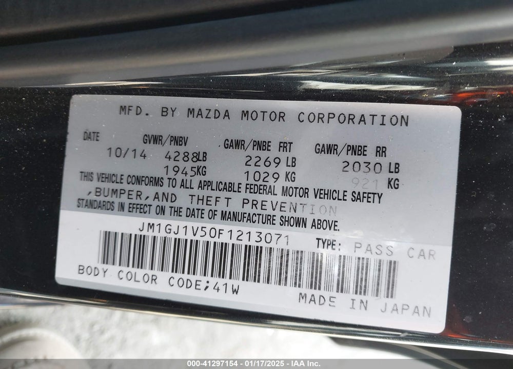 2015 MAZDA 6 I TOURING VIN: JM1GJ1V50F1213071