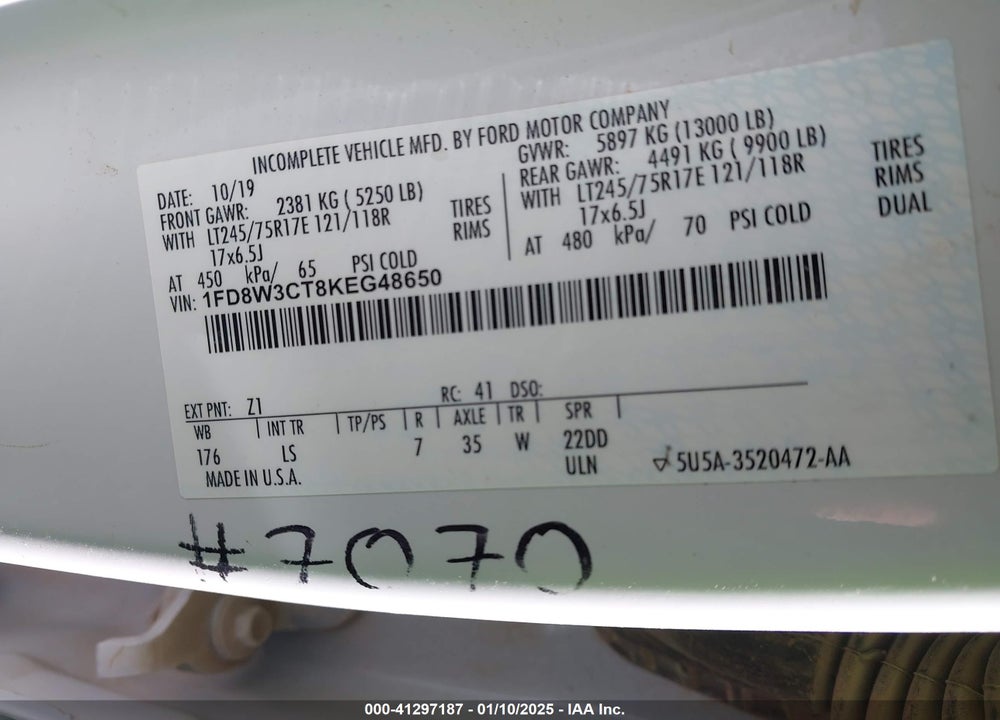 2019 FORD F-350 XL VIN: 1FD8W3CT8KEG48650