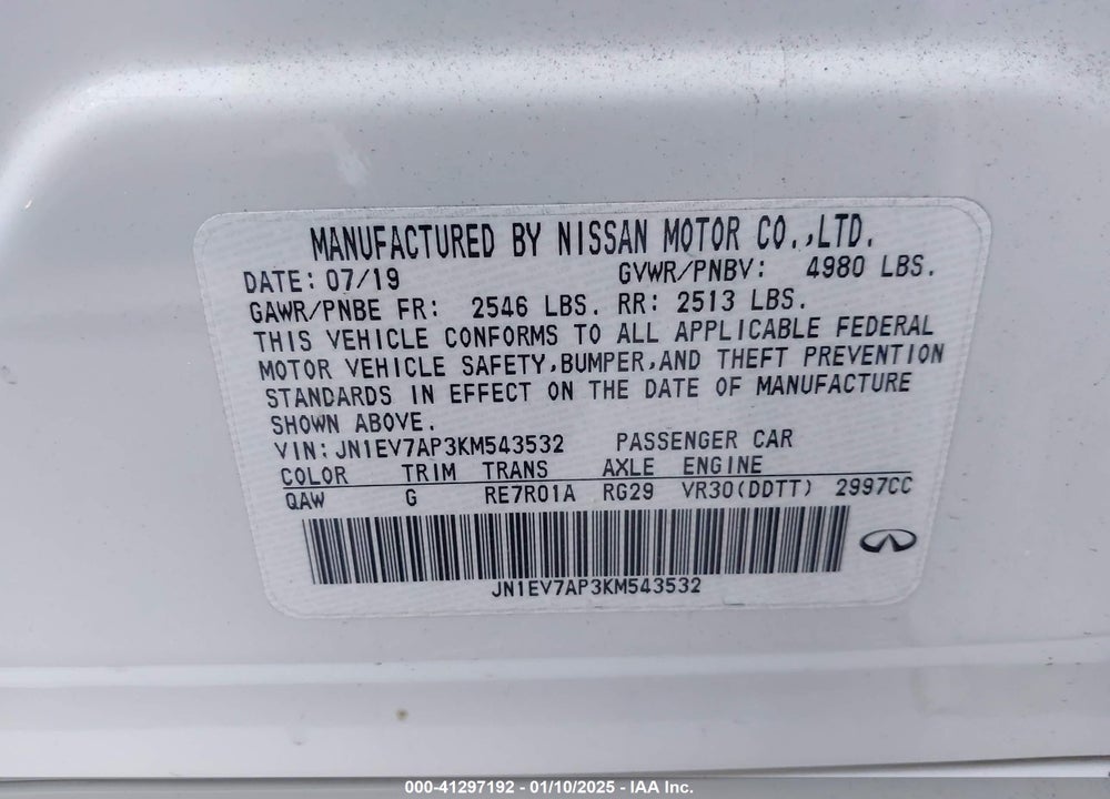 2019 INFINITI Q50 3.0T LUXE VIN: JN1EV7AP3KM543532