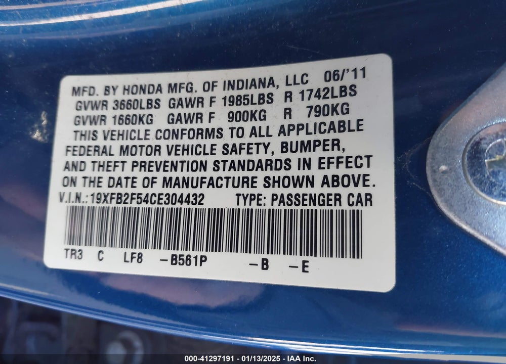 2012 HONDA CIVIC LX VIN: 19XFB2F54CE304432