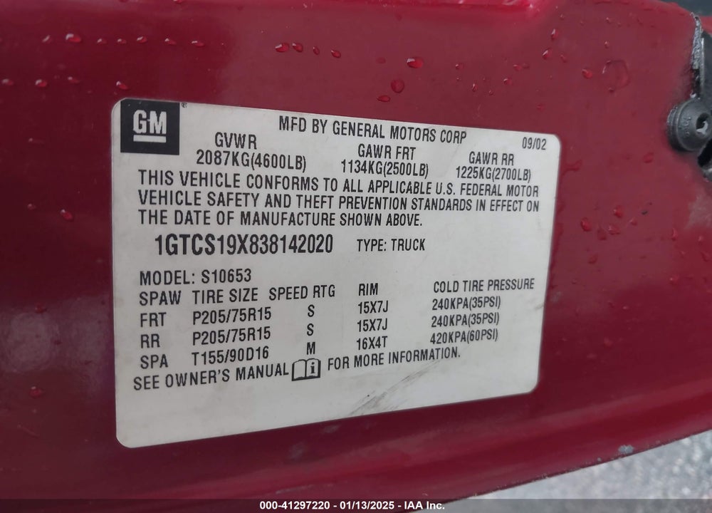 2003 GMC SONOMA SLS VIN: 1GTCS19X838142020