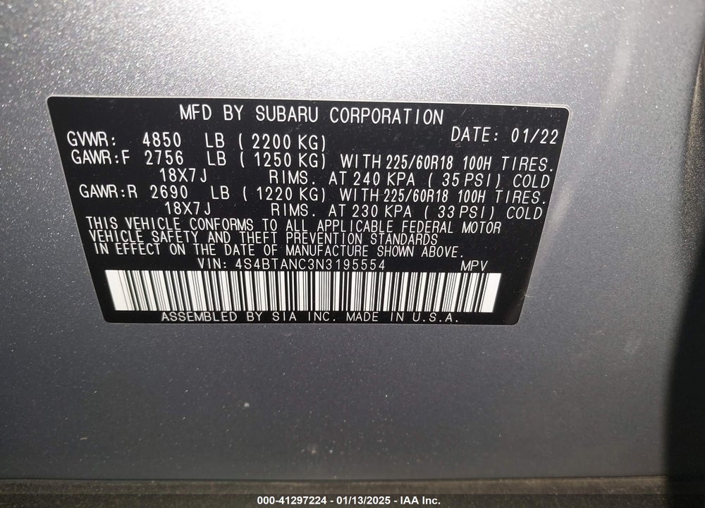 2022 SUBARU OUTBACK LIMITED VIN: 4S4BTANC3N3195554