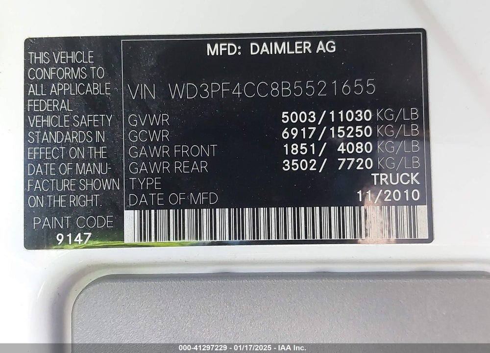 2011 MERCEDES-BENZ SPRINTER 3500 HIGH ROOF VIN: WD3PF4CC8B5521655