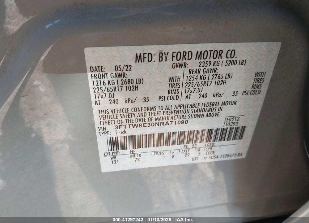 2022 FORD MAVERICK VIN: 3FTTW8E30NRA71090