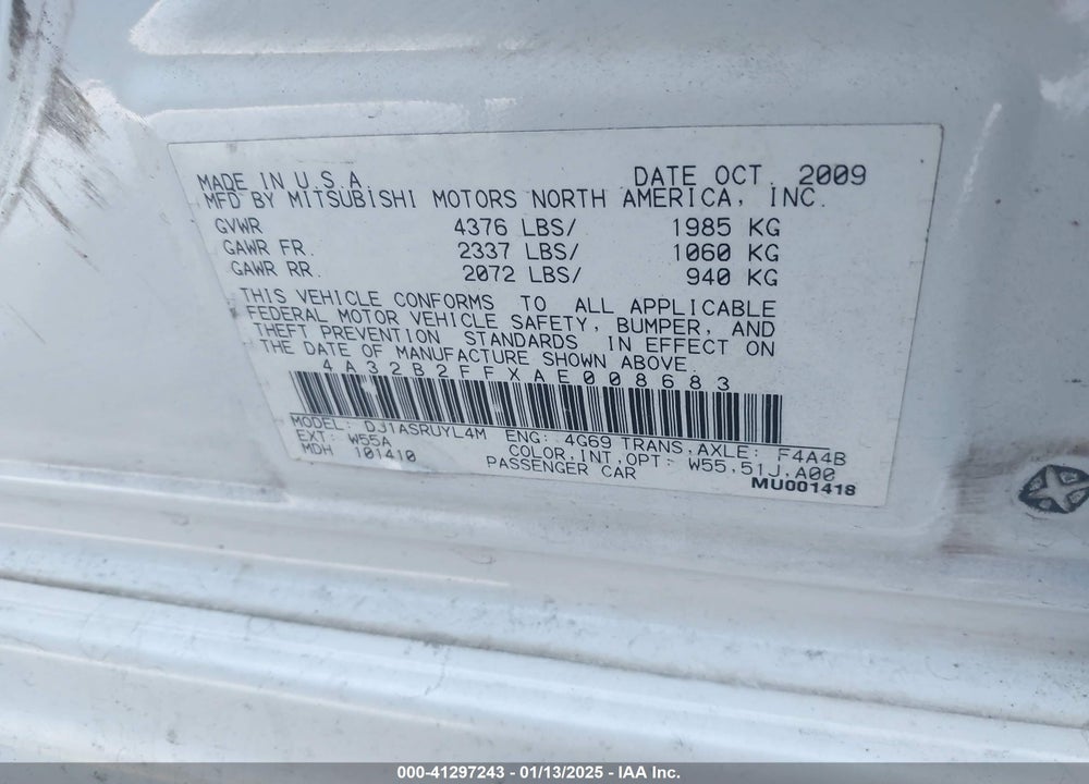 2010 MITSUBISHI GALANT VIN: 4A32B2FFXAE008683