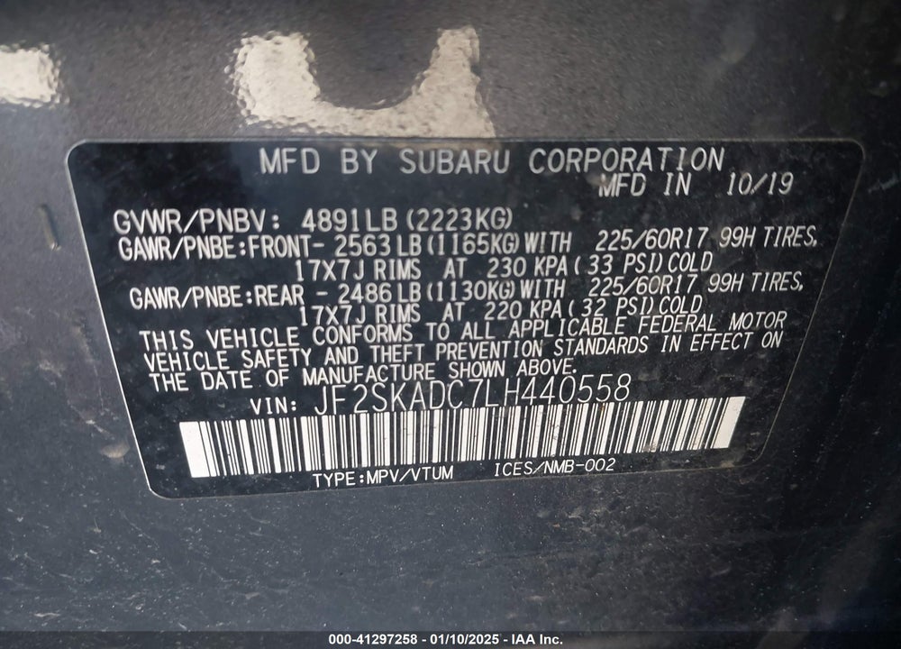 2020 SUBARU FORESTER VIN: JF2SKADC7LH440558