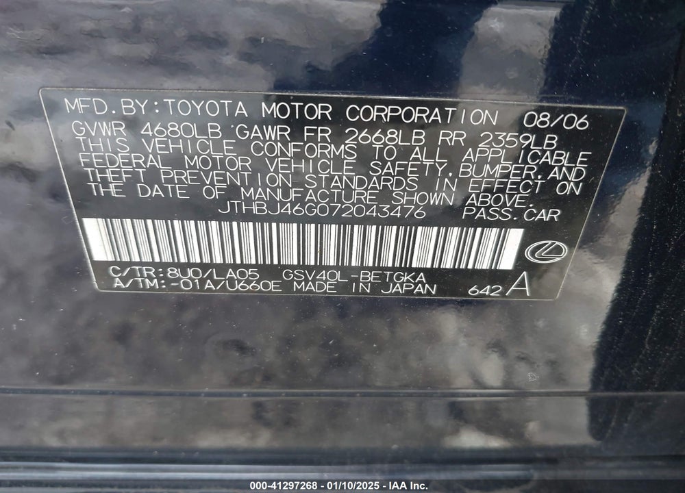 2007 LEXUS ES 350 VIN: JTHBJ46G072043476