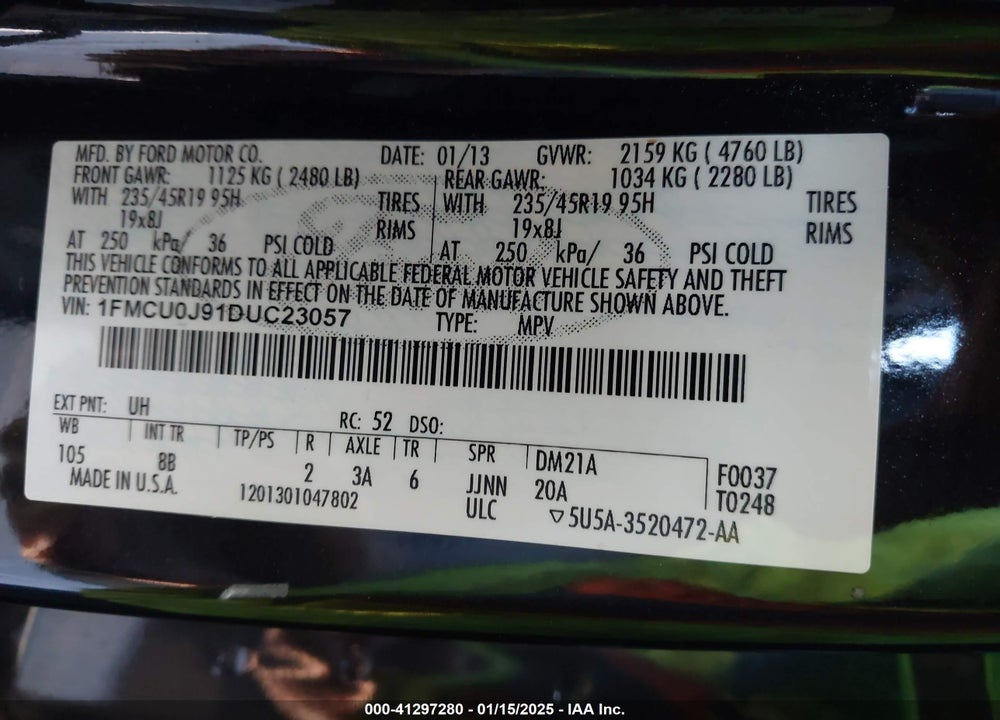 2013 FORD ESCAPE TITANIUM VIN: 1FMCU0J91DUC23057