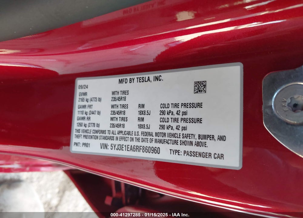 2024 TESLA MODEL 3 VIN: 5YJ3E1EA6RF860960