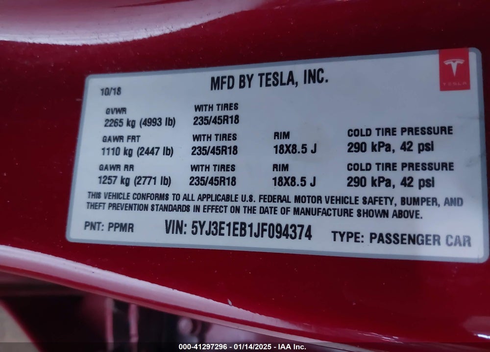 2018 TESLA MODEL 3 LONG RANGE/PERFORMANCE VIN: 5YJ3E1EB1JF094374