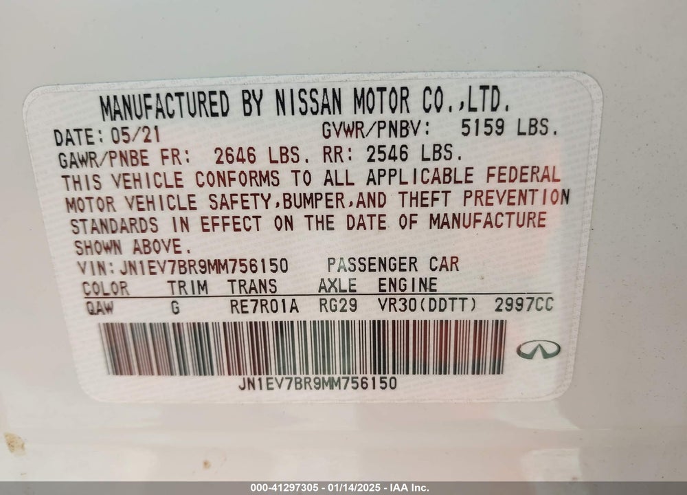 2021 INFINITI Q50 VIN: JN1EV7BR9MM756150