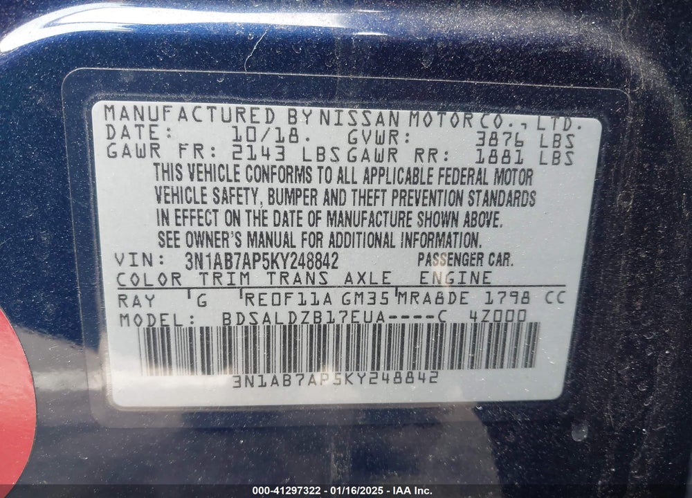 2019 NISSAN SENTRA VIN: 3N1AB7AP5KY248842