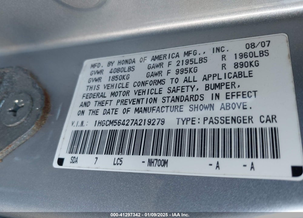 2007 HONDA ACCORD 2.4 LX VIN: 1HGCM56427A219279