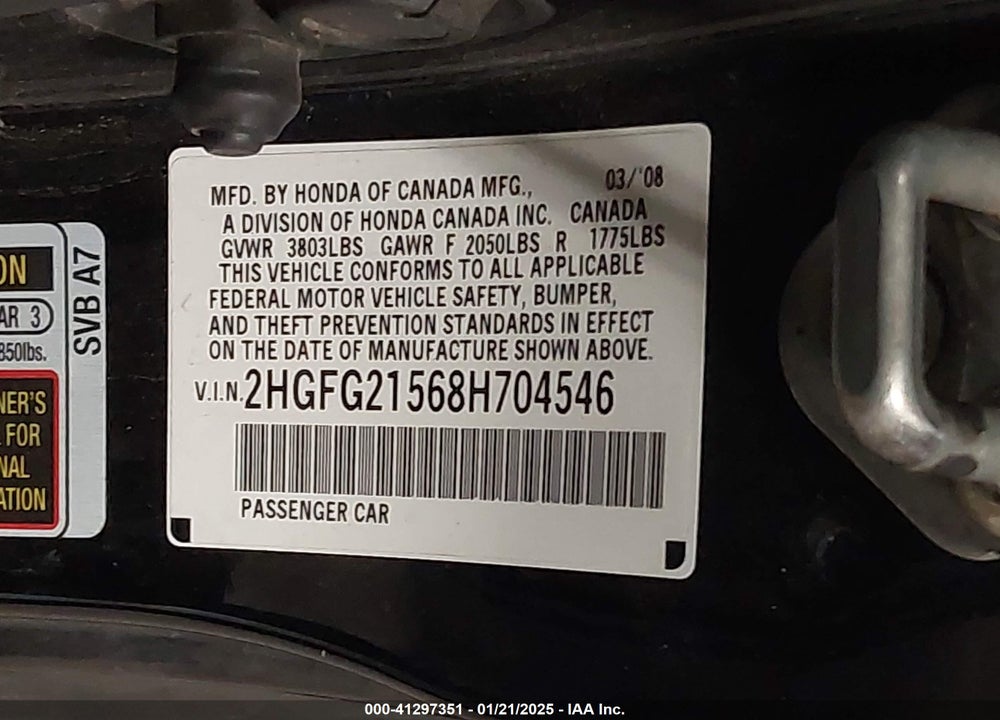 2008 HONDA CIVIC SI VIN: 2HGFG21568H704546