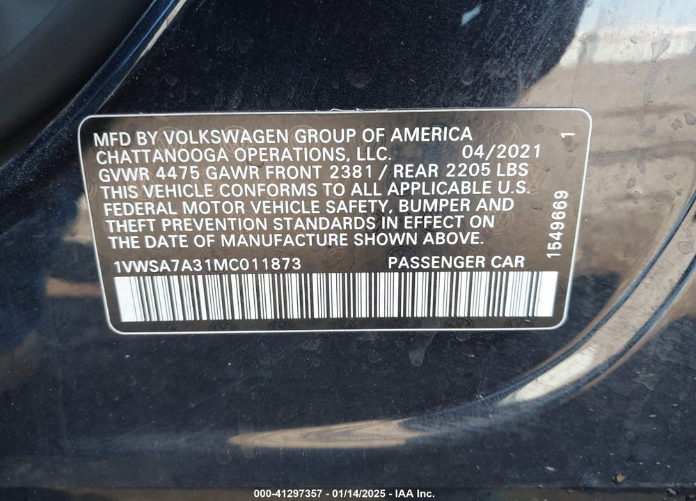 2021 VOLKSWAGEN PASSAT VIN: 1VWSA7A31MC011873