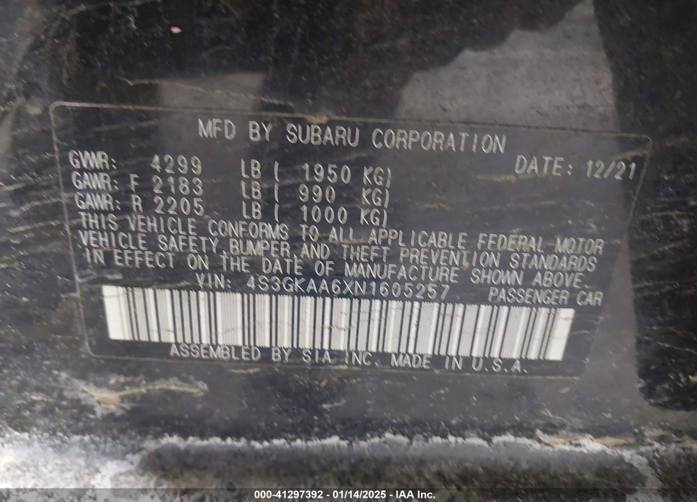 2022 SUBARU IMPREZA VIN: 4S3GKAA6XN1605257