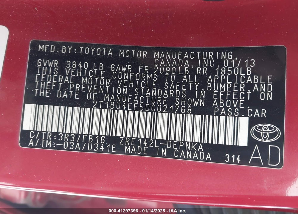 2013 TOYOTA COROLLA VIN: 2T1BU4EE5DC021768